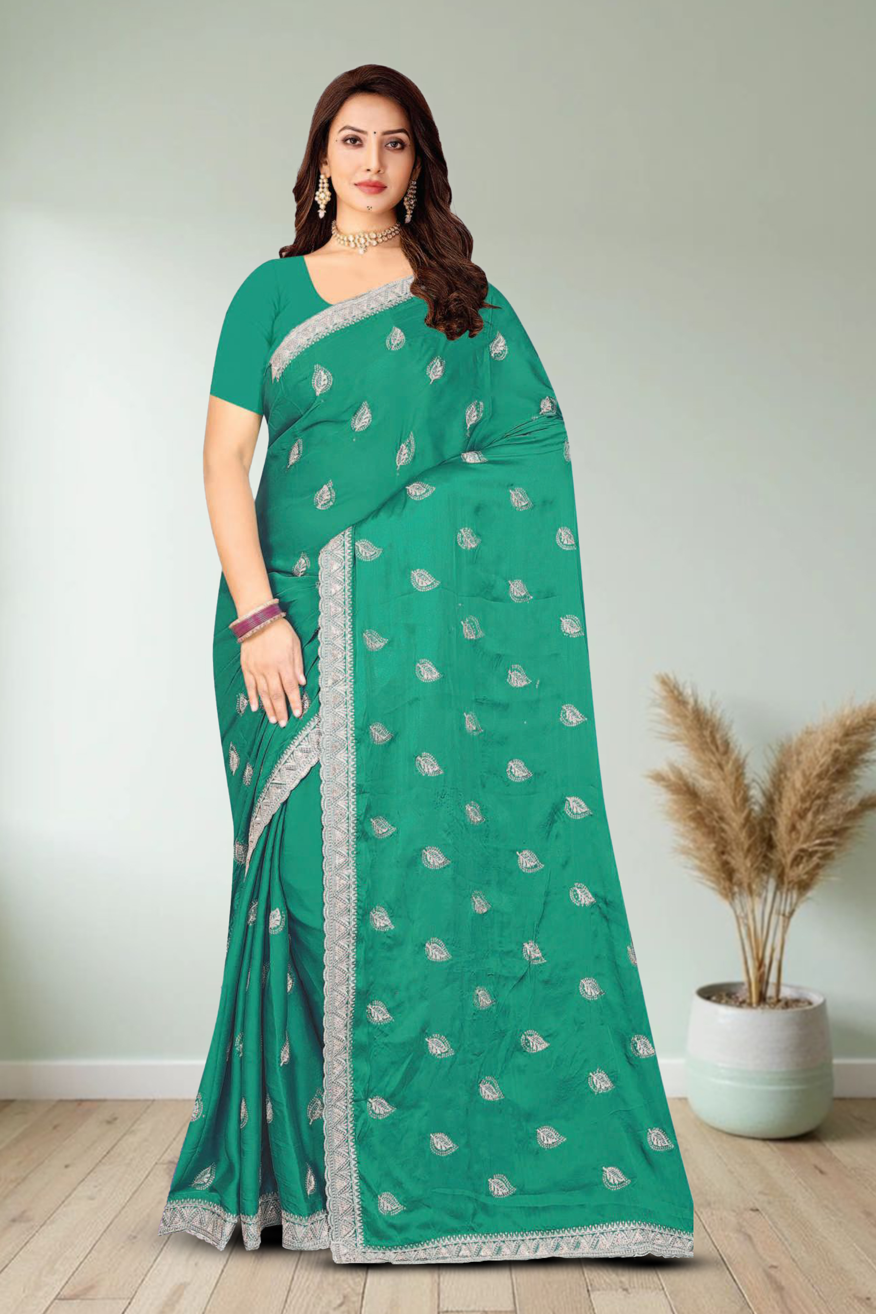 Fancy Dyed Embroidery Work Saree With Un-Stitched Blouse