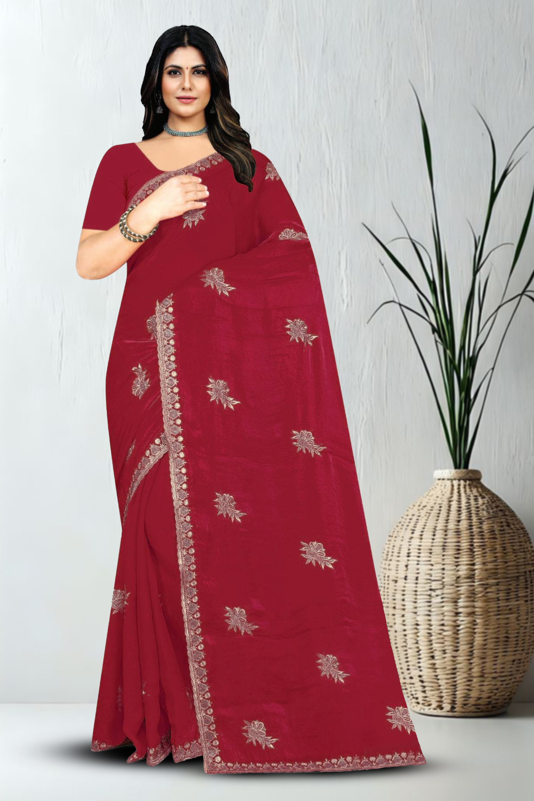 Fancy Dyed Embroidery Work Saree With Un-Stitched Blouse