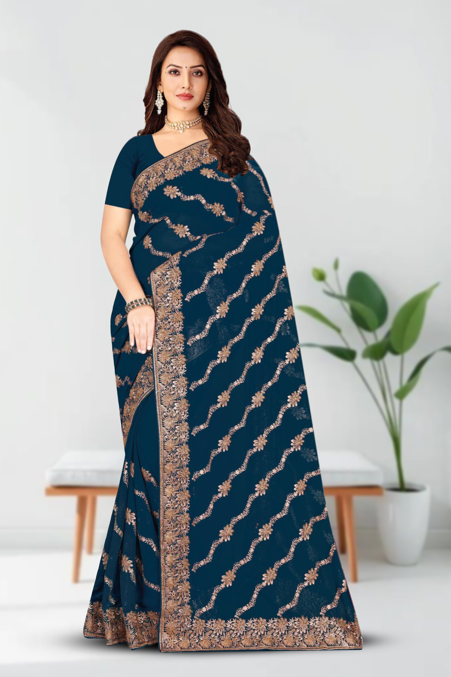 Fancy Dyed Embroidery Work Saree With Un-Stitched Blouse
