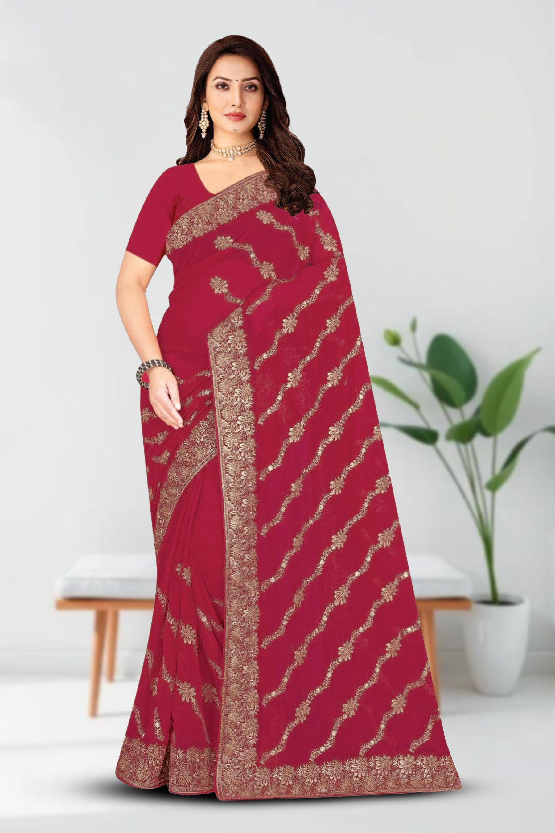 Fancy Dyed Embroidery Work Saree With Un-Stitched Blouse