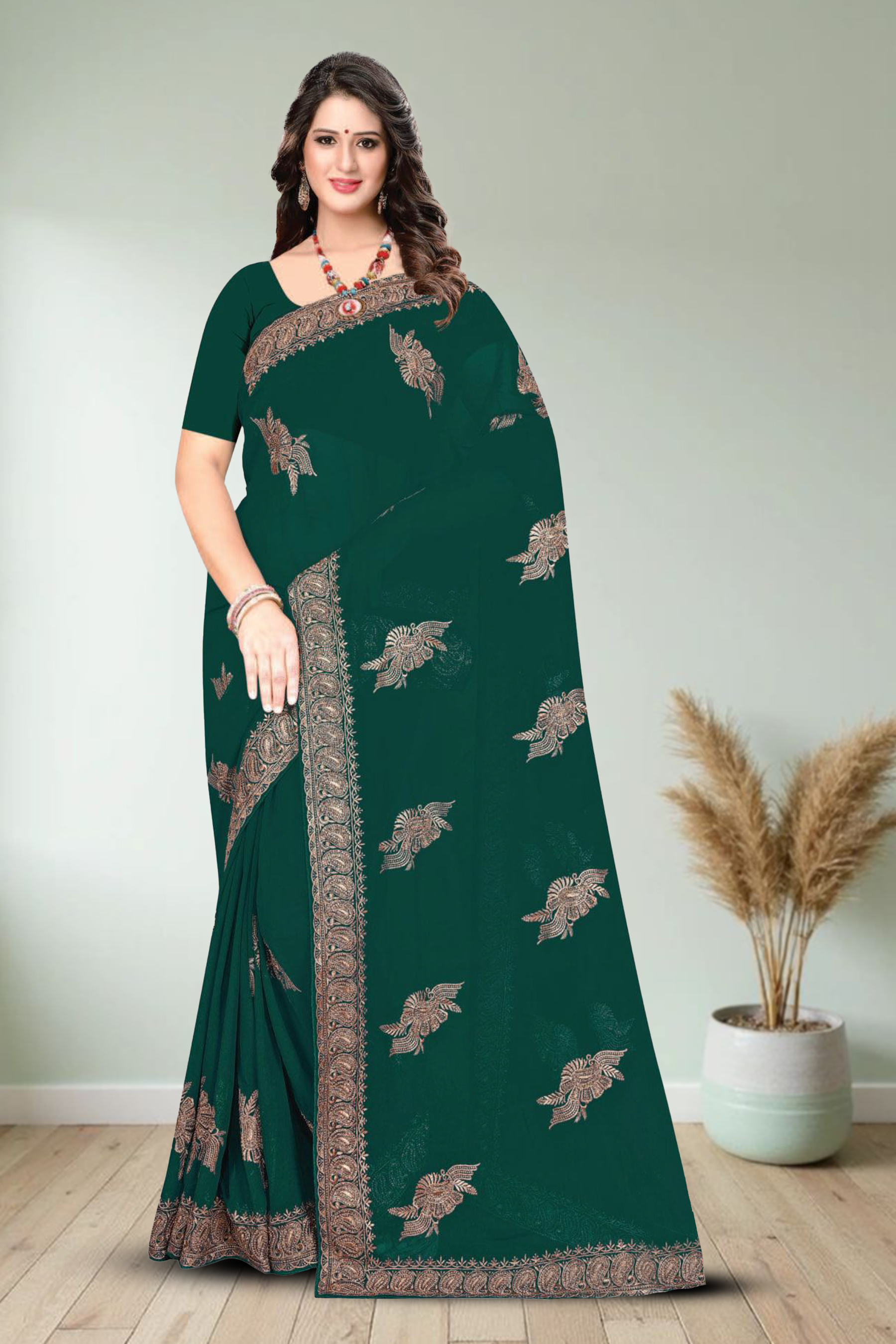 Fancy Dyed Embroidery Work Saree With Un-Stitched Blouse