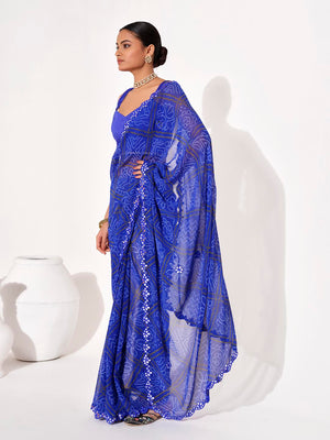 Blue Georgette Embellished Saree With Blouse Piece