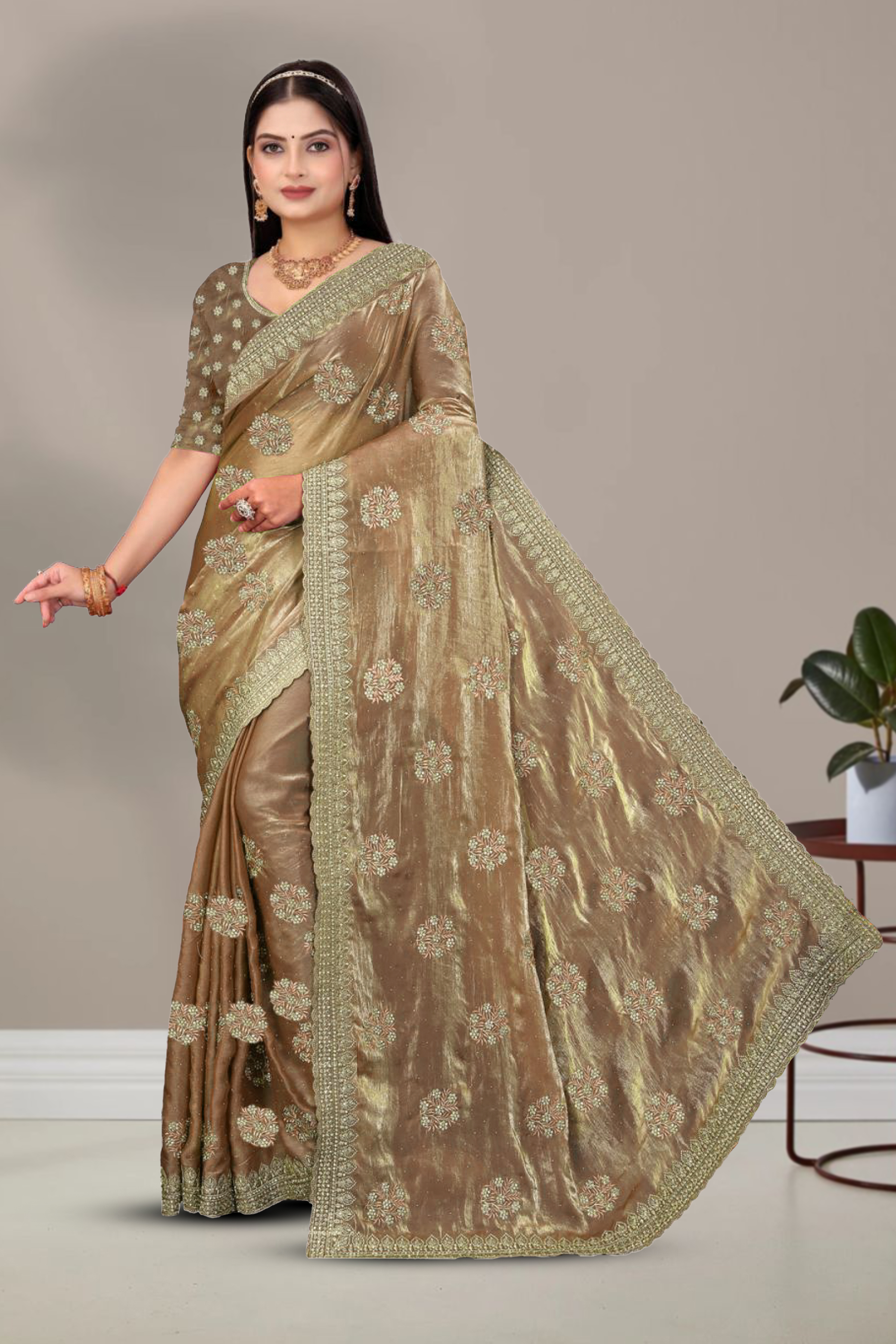 Dyed Embroidery Work Saree With Un-Stitched Blouse