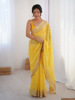 Yellow Georgette Sequins Embroidery Work With Cut Work Border Saree With Blouse Piece