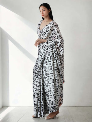 Black Chinon Digital Print with Lace Border Ready to Wear Saree