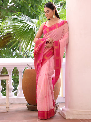 Pink Woven Maheshwari Cotton Blend Saree With Blouse Piece