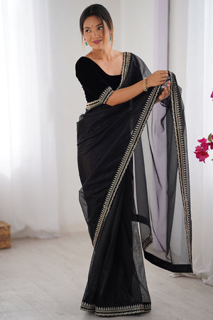 Black Twill Net Sequins And Cording Embroidery Work Saree With Blouse Piece