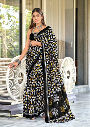 Black Pure Cotton Hand Block Print Sarees Saree With Blouse Piece