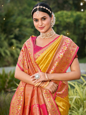 Yellow Banarasi silk Saree With Blouse Piece